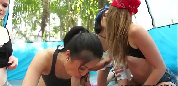  Outdoor sex at a camping site with three slutty teens